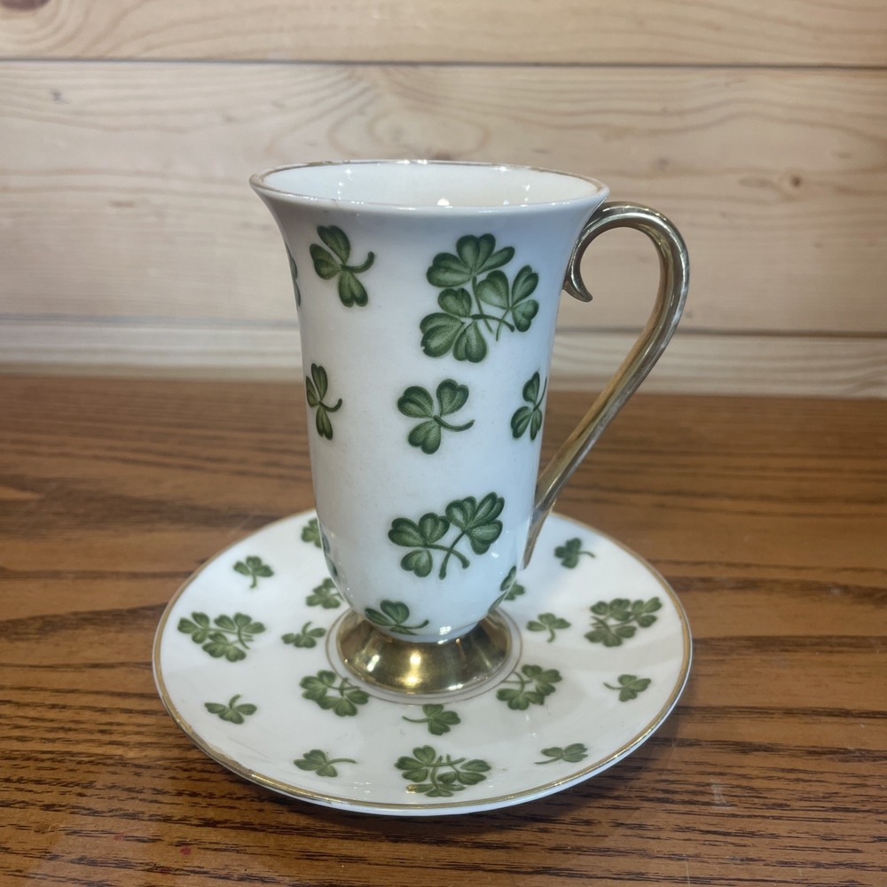 VTG Shamrock 4 Leaf Clover ST. Patricks Gold Rim Tea Cup Saucer Inarco Japan